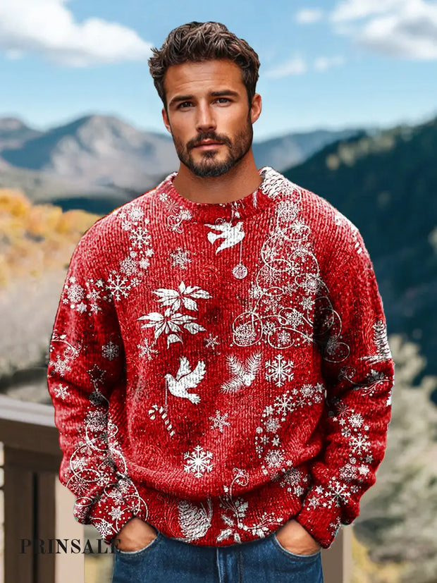 Gentleman Casual Red Christmas Art Print Crew Neck Sweater Colorful / S