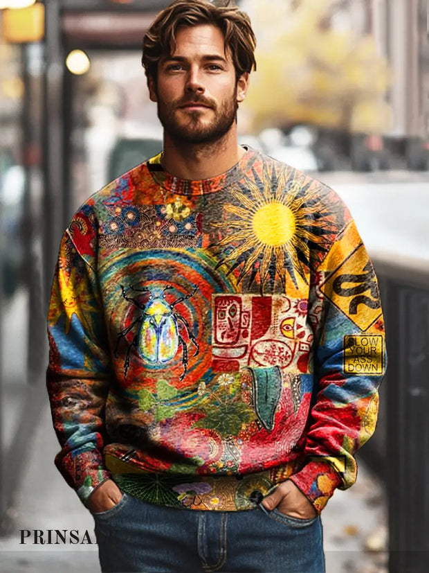 Gentleman Casual Retro Element Spliced Art Print Crew Neck Sweatshirt Colorful / S