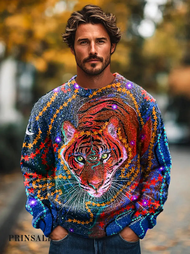 Gentleman Casual Tiger Floral Art Print Crew Neck Sweater Colorful / S