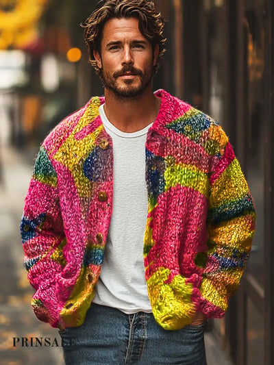 Gentleman Color Simple Fashion Print Sweater Cardigan Colorful / S