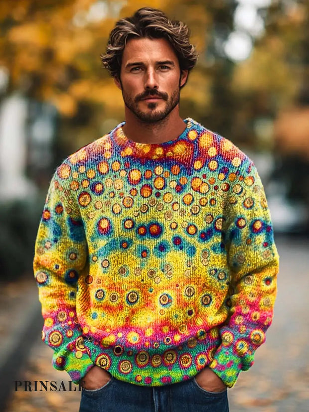 Gentleman Fashion Abstract Color Gradient Art Texture Printed Knit Crewneck Sweater Flower / S