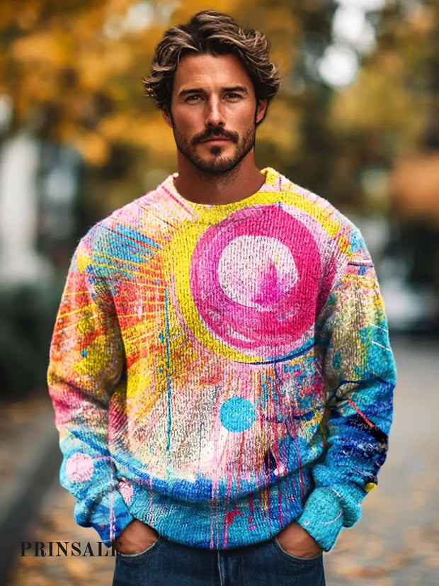 Gentleman Fashion Abstract Color Pigment Smut Print Knit Crewneck Sweater Flower / S