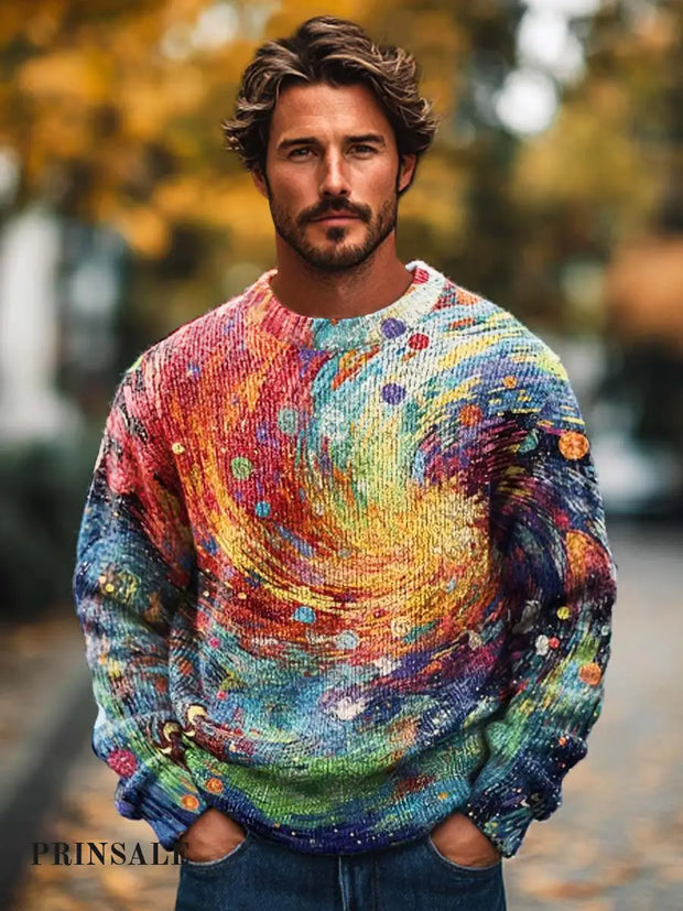 Gentleman Fashion Abstract Color Swirl Print Knit Crewneck Sweater Flower / S