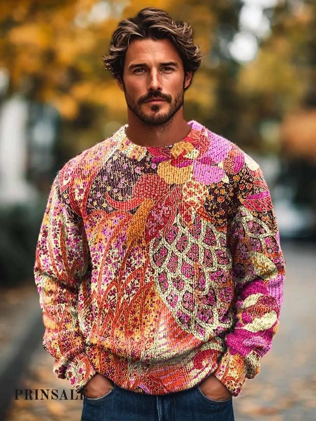 Gentleman Fashion Abstract Color Texture Art Print Knitted Long Sleeve Crew Neck Sweater Flower / S