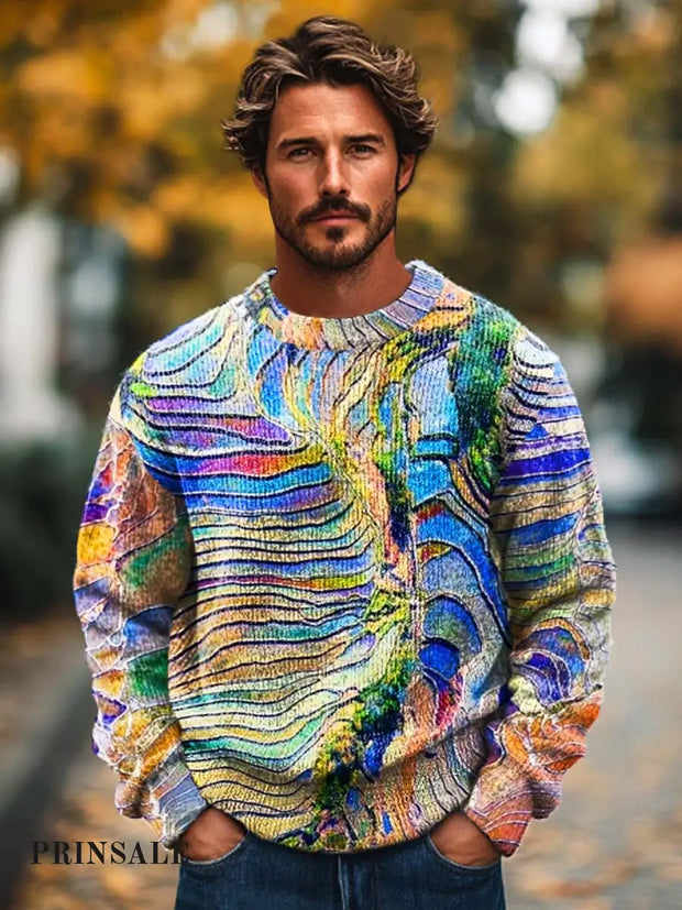 Gentleman Fashion Abstract Color Texture Art Print Knitted Long Sleeve Crew Neck Sweater Flower / S