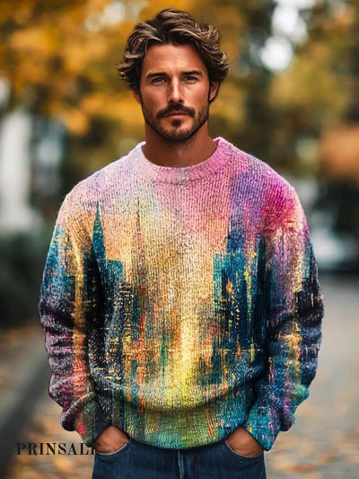 Gentleman Fashion Abstract Colorful Neon Architectural Landscape Printed Knit Crewneck Sweater