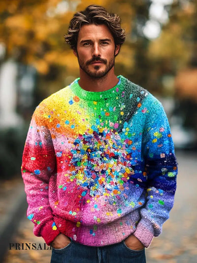 Gentleman Fashion Abstract Iridescent Blossom Print Knit Crewneck Sweater Flower Color / S