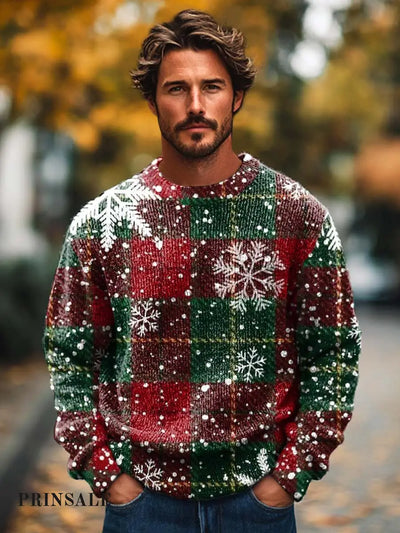 Gentleman Fashion Christmas Color-Block Plaid Snowflake Print Knitted Long Sleeve Crew Neck Sweater