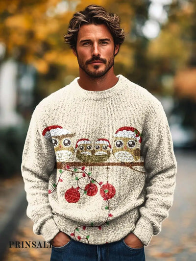 Gentleman Fashion Christmas Cute Animal Print Knitted Long Sleeve Crew Neck Sweater Apricot / S