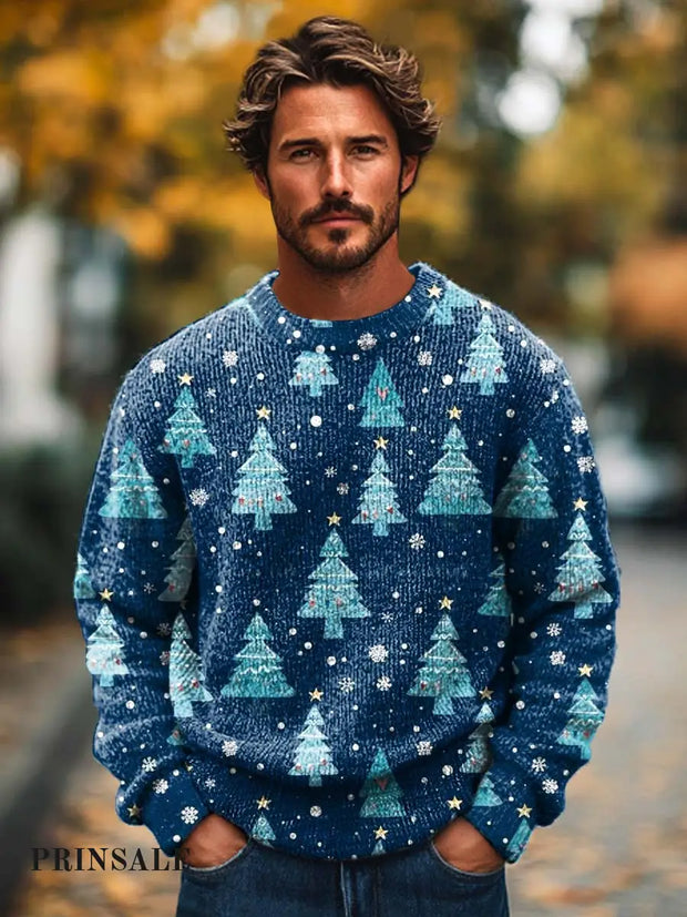 Gentleman Fashion Christmas Tree Snowflake Print Knit Crewneck Sweater Flower Color / S