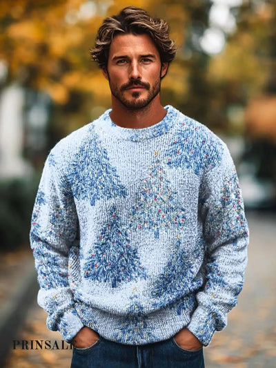 Gentleman Fashion Simple Christmas Tree Print Knit Crewneck Sweater Flower Color / S