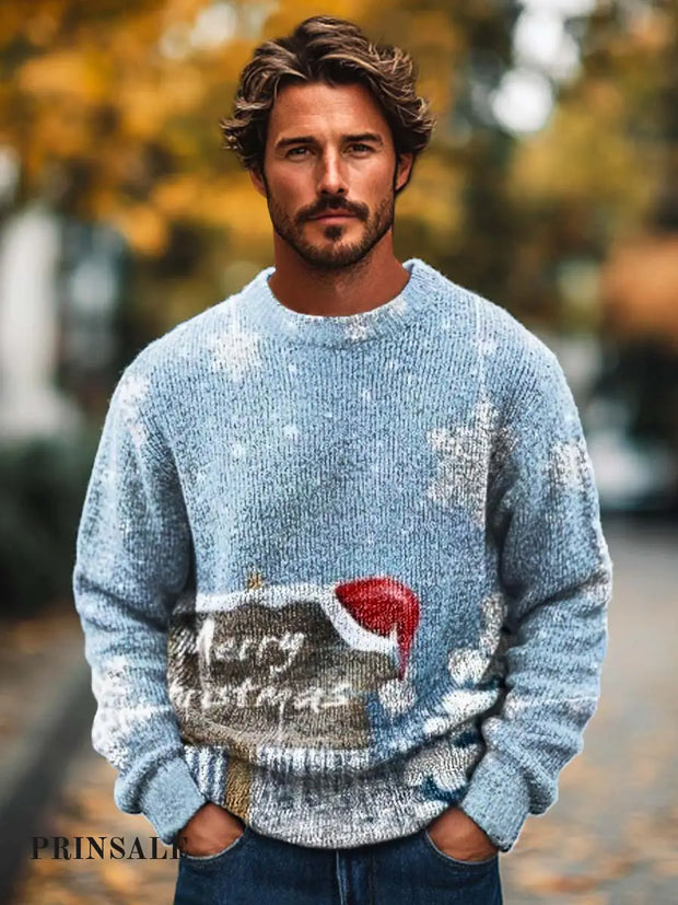 Gentleman Fashion Trend Christmas Street Sign Snow Print Knitted Long Sleeve Crew Neck Sweater Blue