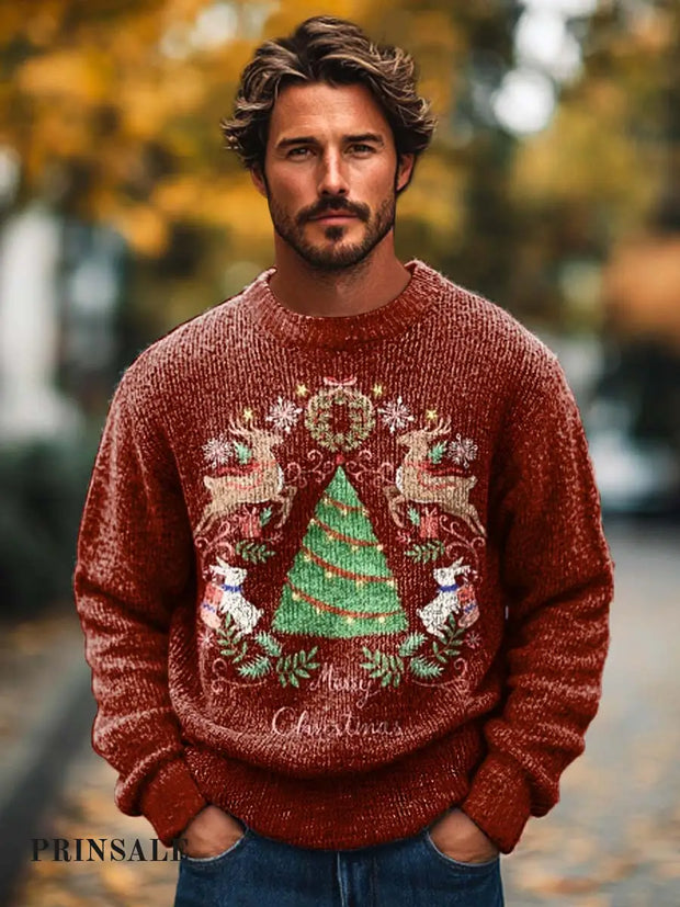 Gentleman Fashion Vintage Christmas Deer Print Knit Crewneck Sweater Red / S