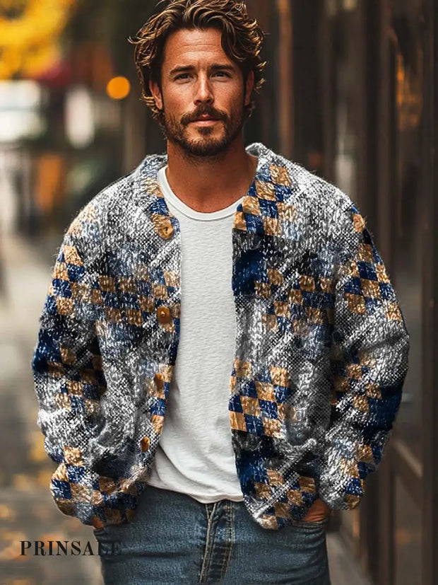 Gentleman Retro Fashion Trend Print Sweater Cardigan Colorful / S