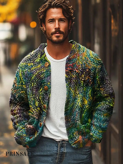 Gentleman Retro Temperament Abstract Art Fashion Print Sweater Cardigan Colorful / S