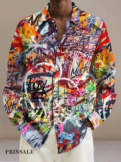 Gentleman Senior Abstract Graffiti Fashion Casual Beach Shirt Long Sleeved Flower Color / S