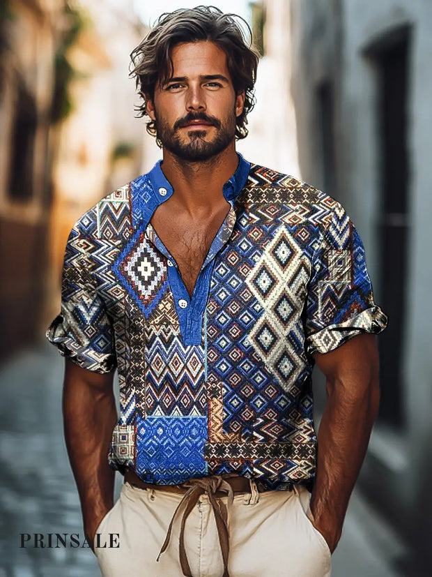 Gentleman Vintage Ethnic Geometric Art Print Cotton Short Sleeve Henley Shirt