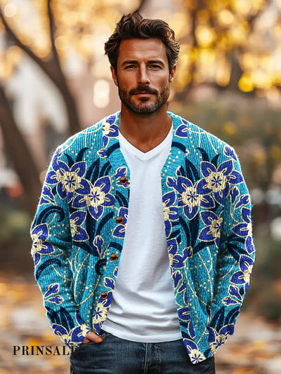 Gentleman Vintage Floral Art Print Knit Cardigan