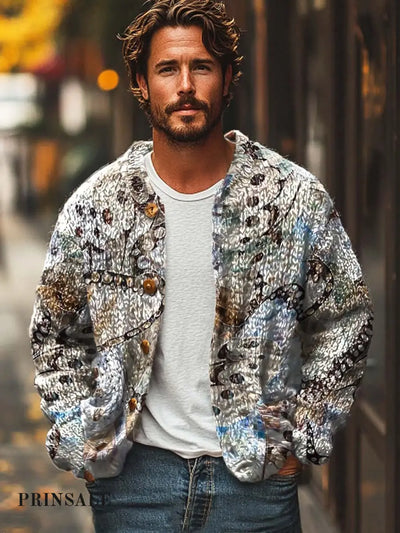 Gentleman Withered Leaf Butterfly Fashion Print Sweater Cardigan Colorful / S