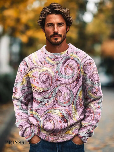 Gentleman’s Abstract Swirl Art Print Crewneck Base Sweater Flower Color / S