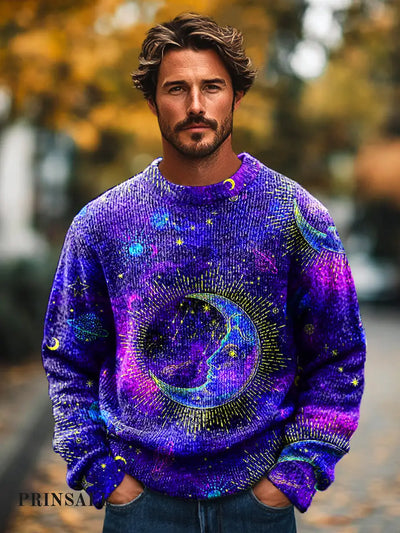 Gentleman Vintage Neon Star Moon Art Print Knit Crew Neck Pullover Sweatshirt Colorful / S