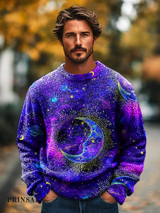 Gentleman Vintage Neon Star Moon Art Print Knit Crew Neck Pullover Sweatshirt Colorful / S