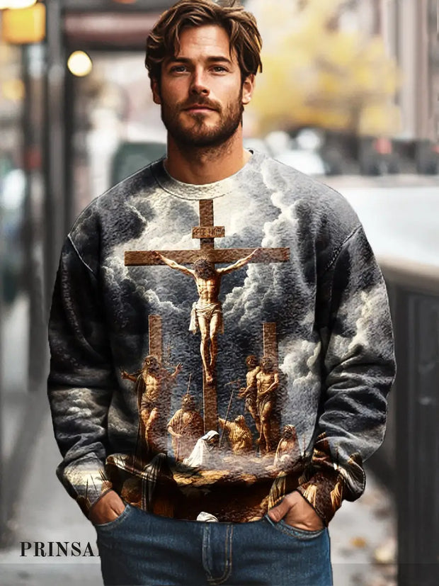 Gentleman’s Casual Abstract Cross Faith Art Print Cotton Crew Neck Pullover Colorful / S