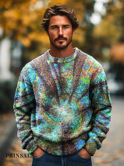 Gentleman’s Casual Abstract Forest Daylight Art Print Knit Crew Neck Pullover Jacket Colorful / S