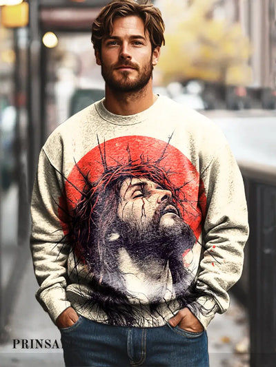 Gentleman’s Casual Abstract Jesus Portrait Art Print Cotton Crew Neck Pullover Colorful / S