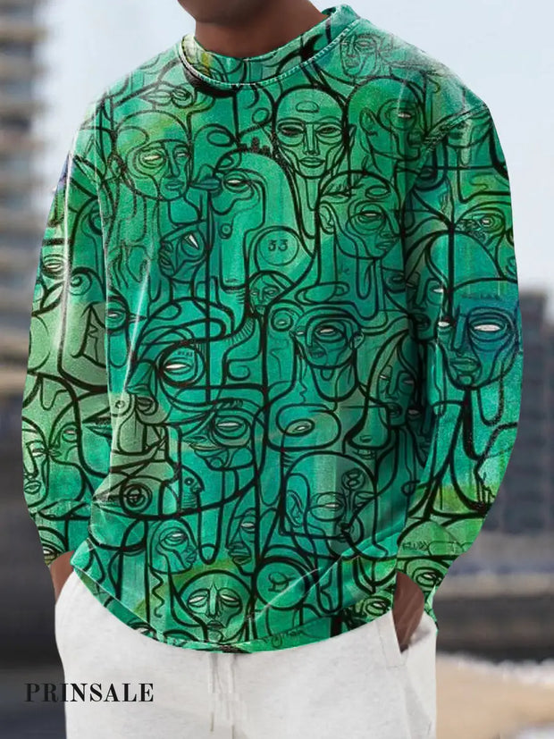 Gentleman’s Casual Abstract Portrait Sketch Art Print Crew Neck Pullover Colorful / S