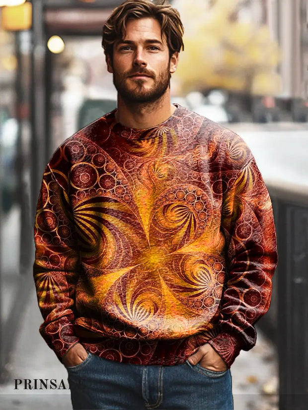 Gentleman’s Casual Abstract Spiral Art Print Crew Neck Sweatshirt Colorful / S