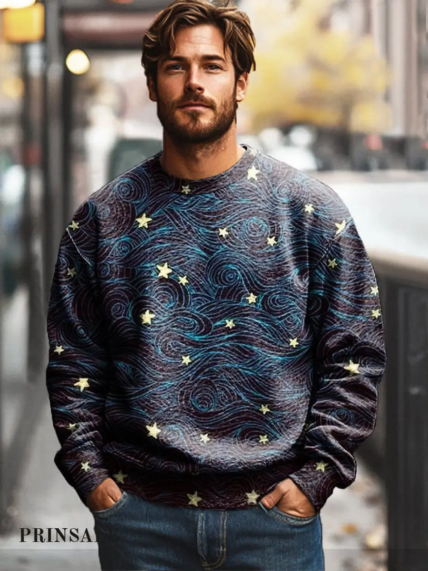 Gentleman’s Casual Abstract Star Ocean Art Print Crew Neck Sweatshirt Colorful / S