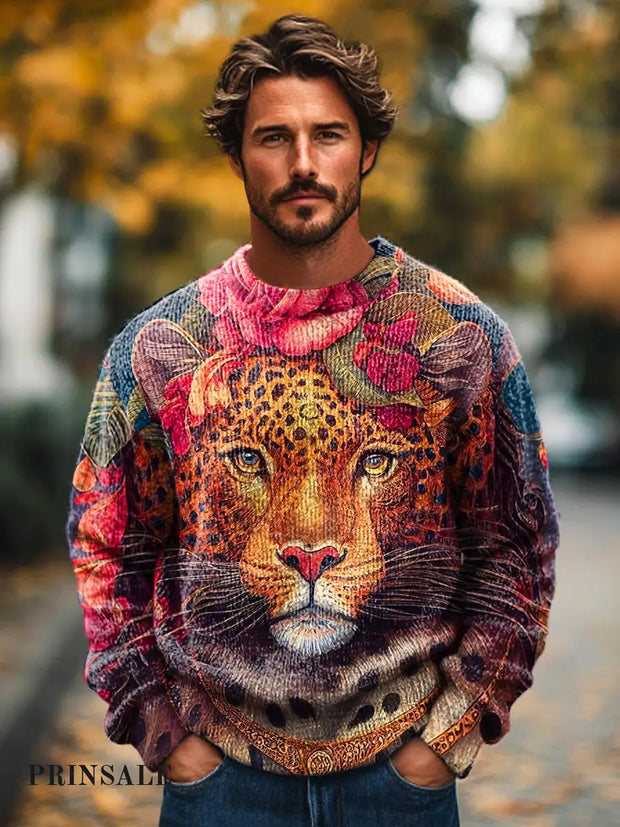 Gentleman’s Casual Cheetah Floral Art Print Crew Neck Sweater Colorful / S