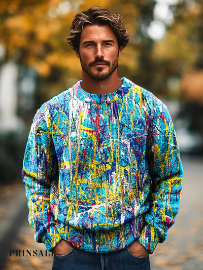 Gentleman’s Casual Colorful Abstract Ink Art Print Knit Crew Neck Pullover Hoodie / S