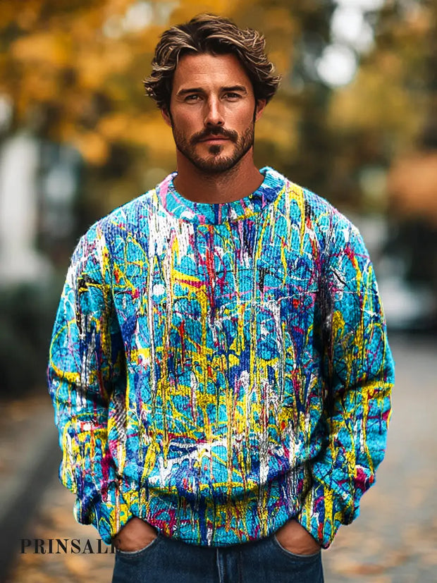 Gentleman’s Casual Colorful Abstract Ink Art Print Knit Crew Neck Pullover Hoodie / S