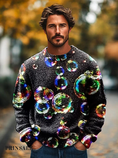 Gentleman’s Casual Colorful Bubble Art Print Knit Crew Neck Pullover Sweatshirt / S