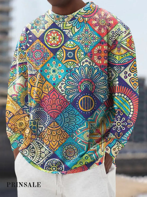 Gentleman’s Casual Colorful Geometric Art Print Crew Neck Pullover Hoodie / S