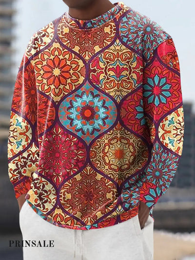 Gentleman’s Casual Colorful Mandala Art Print Crew Neck Pullover Shirt / S