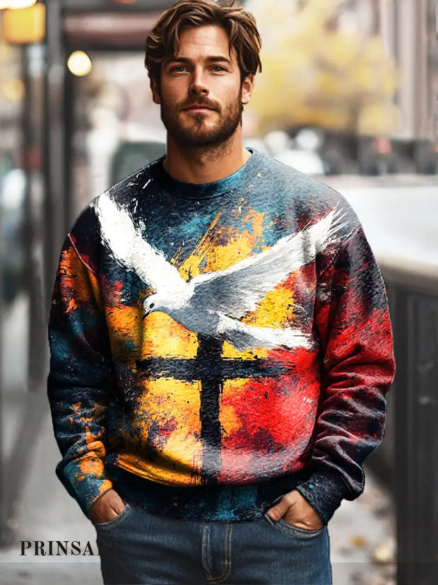 Gentleman’s Casual Cross White Dove Art Print Cotton Crew Neck Pullover Shirt Colorful / S