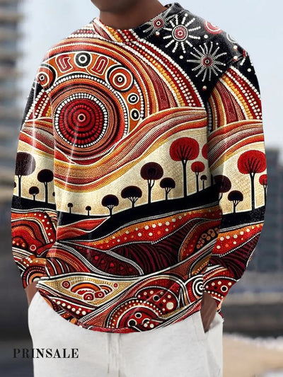 Gentleman’s Casual Ethnic Abstract Landscape Art Print Crew Neck Pullover Colorful / S