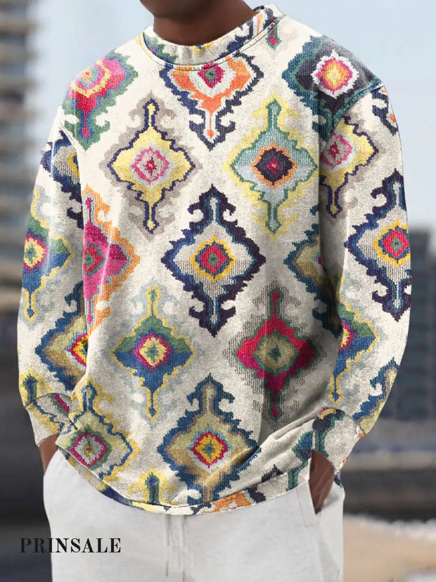 Gentleman’s Casual Ethnic Geometric Art Print Crew Neck Pullover Colorful / S