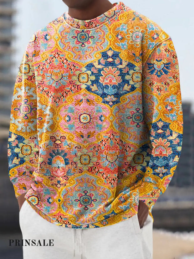 Gentleman’s Casual Ethnic Geometric Art Print Crew Neck Pullover Colorful / S