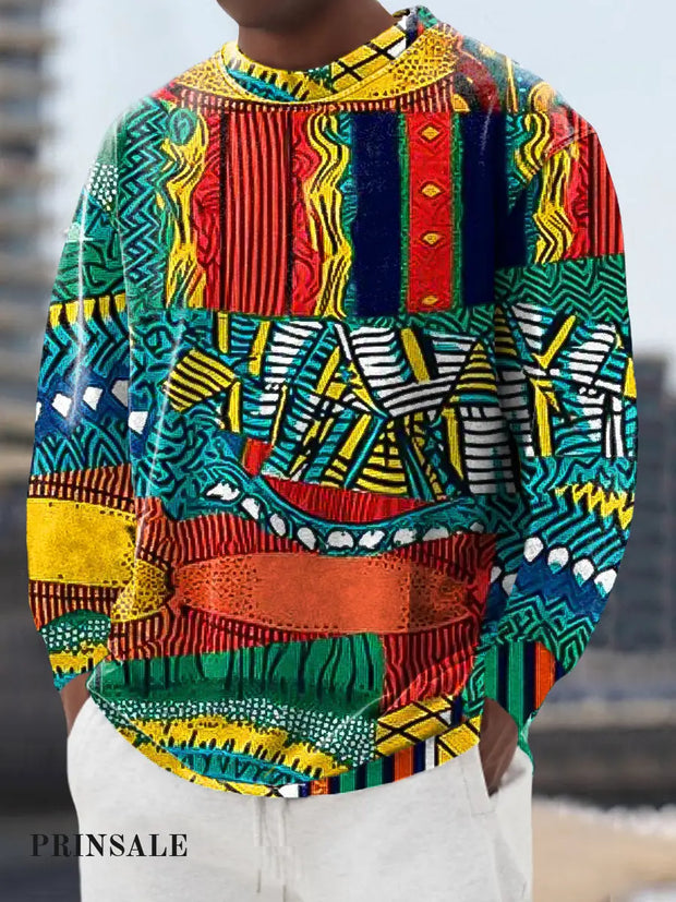 Gentleman’s Casual Ethnic Multicolor Art Printed Crew Neck Pullover Colorful / S