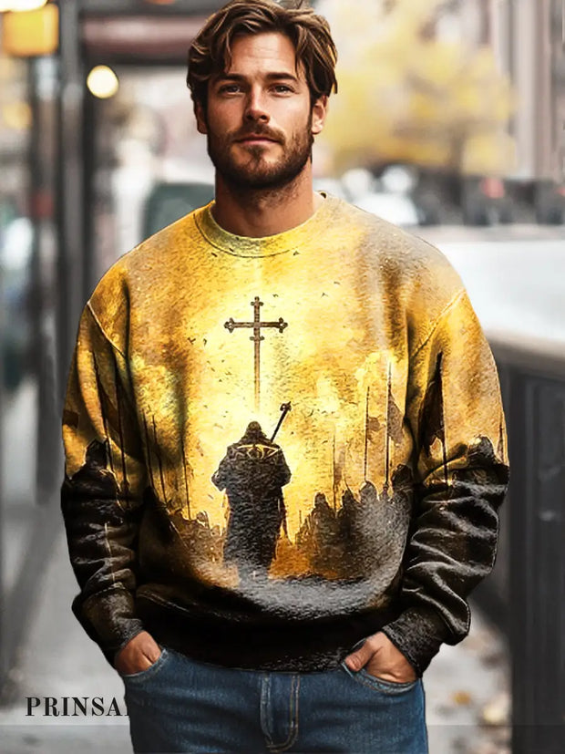 Gentleman’s Casual Faith Cross Art Print Cotton Crew Neck Pullover Colorful / S