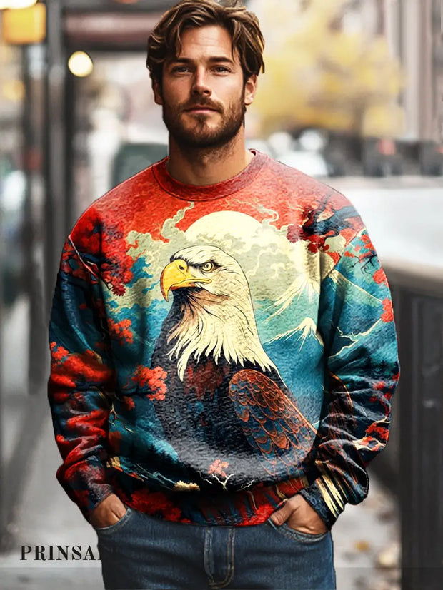 Gentleman’s Casual Floral And Eagle Painted Art Print Cotton Crew Neck Pullover Shirt Colorful / S