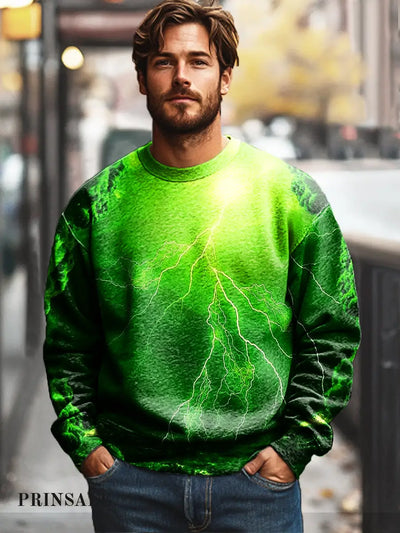 Gentleman’s Casual Fluorescent Green Lightning Retro Print Cotton Crew Neck Sweatshirt Colorful / S