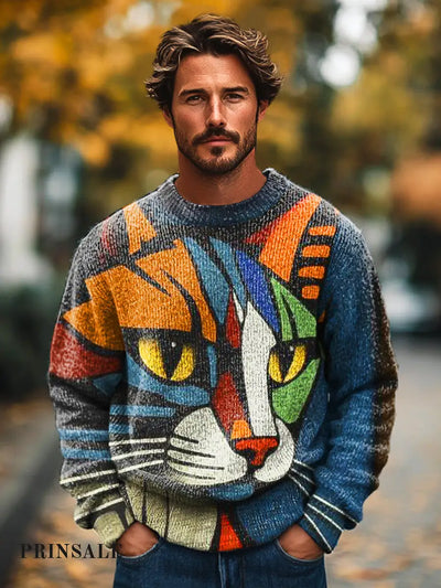 Gentleman’s Casual Geometric Cat Art Print Knit Crew Neck Pullover Shirt Colorful / S