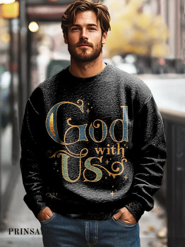 Gentleman’s Casual God With Us Art Print Crew Neck Sweatshirt Colorful / S