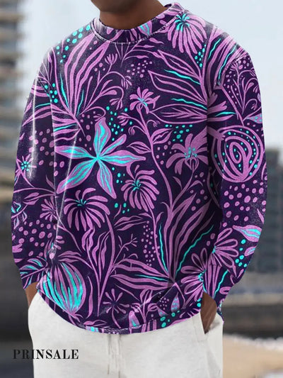 Gentleman’s Casual Graffiti Floral Art Print Crew Neck Pullover Colorful / S