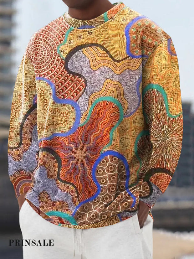 Gentleman’s Casual Multicolor Ethnic Art Printed Crew Neck Pullover Colorful / S